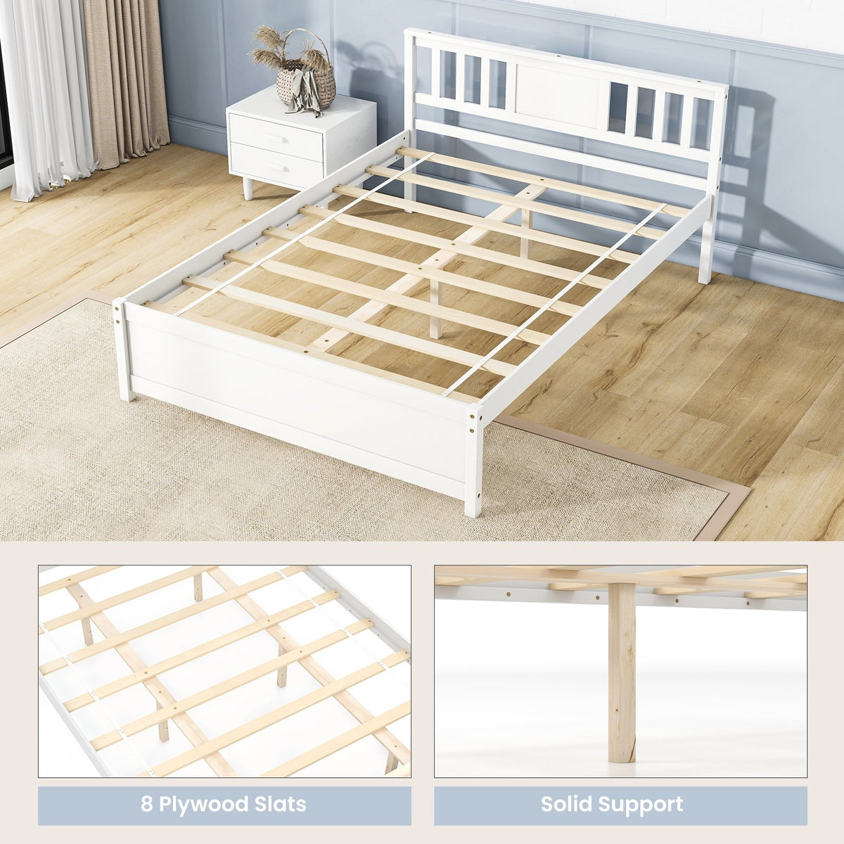 Wooden Platform Bed with Headboard and Wood Slat Support White-Full Size view 9