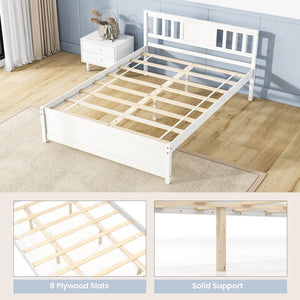 Wooden Platform Bed with Headboard and Wood Slat Support White-Full Size view 9