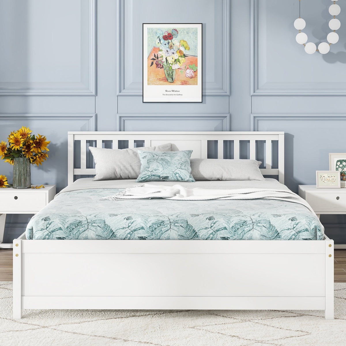 Wooden Platform Bed with Headboard and Wood Slat Support White-Queen Size view 3