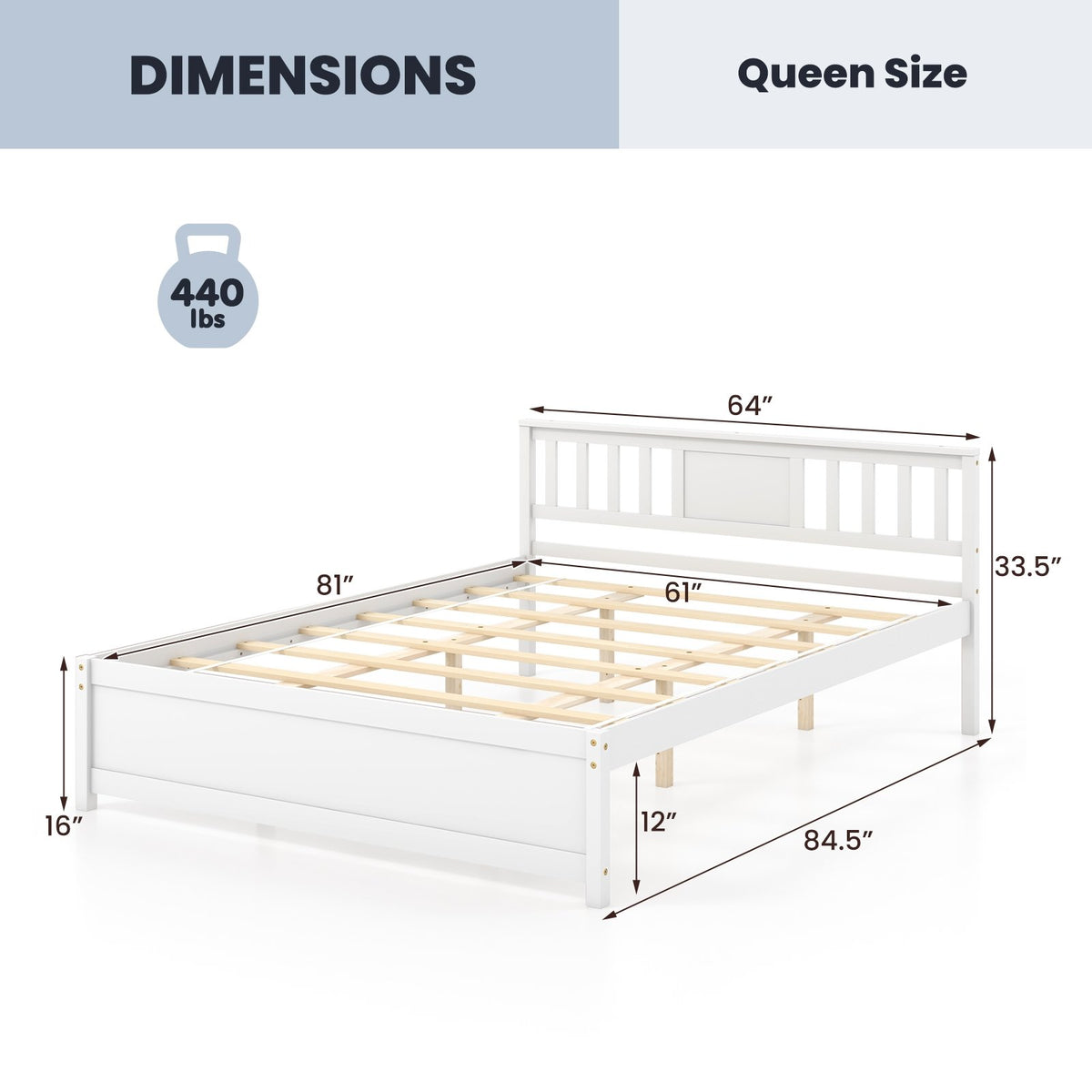 Wooden Platform Bed with Headboard and Wood Slat Support White-Queen Size view 4