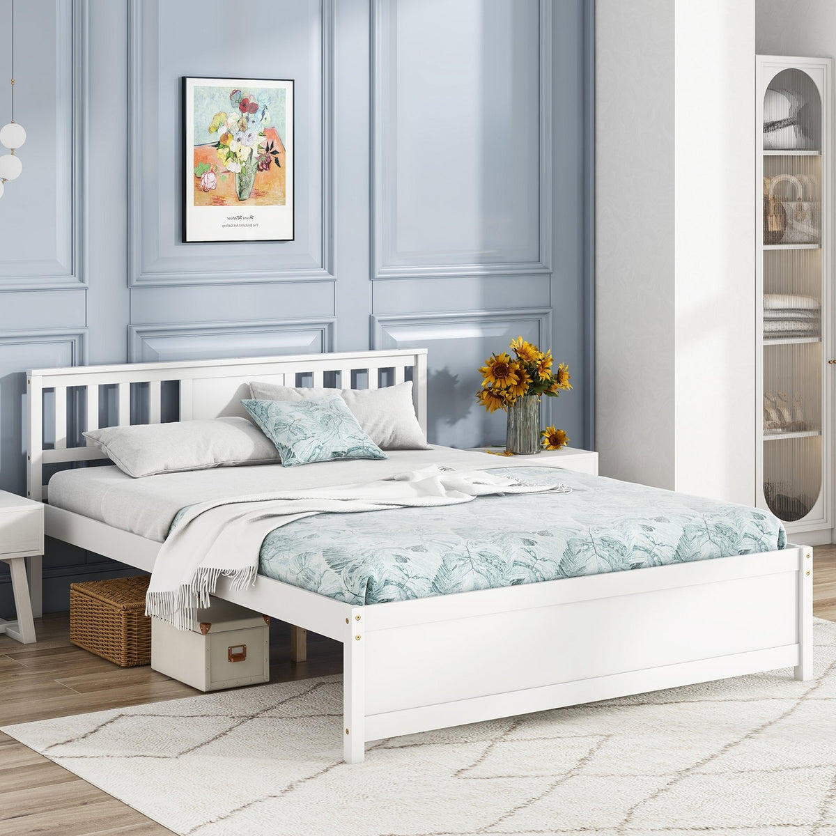 Wooden Platform Bed with Headboard and Wood Slat Support White-Queen Size view 5