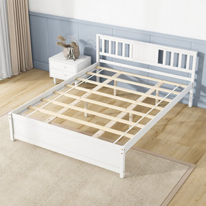Wooden Platform Bed with Headboard and Wood Slat Support White-Queen Size view 6