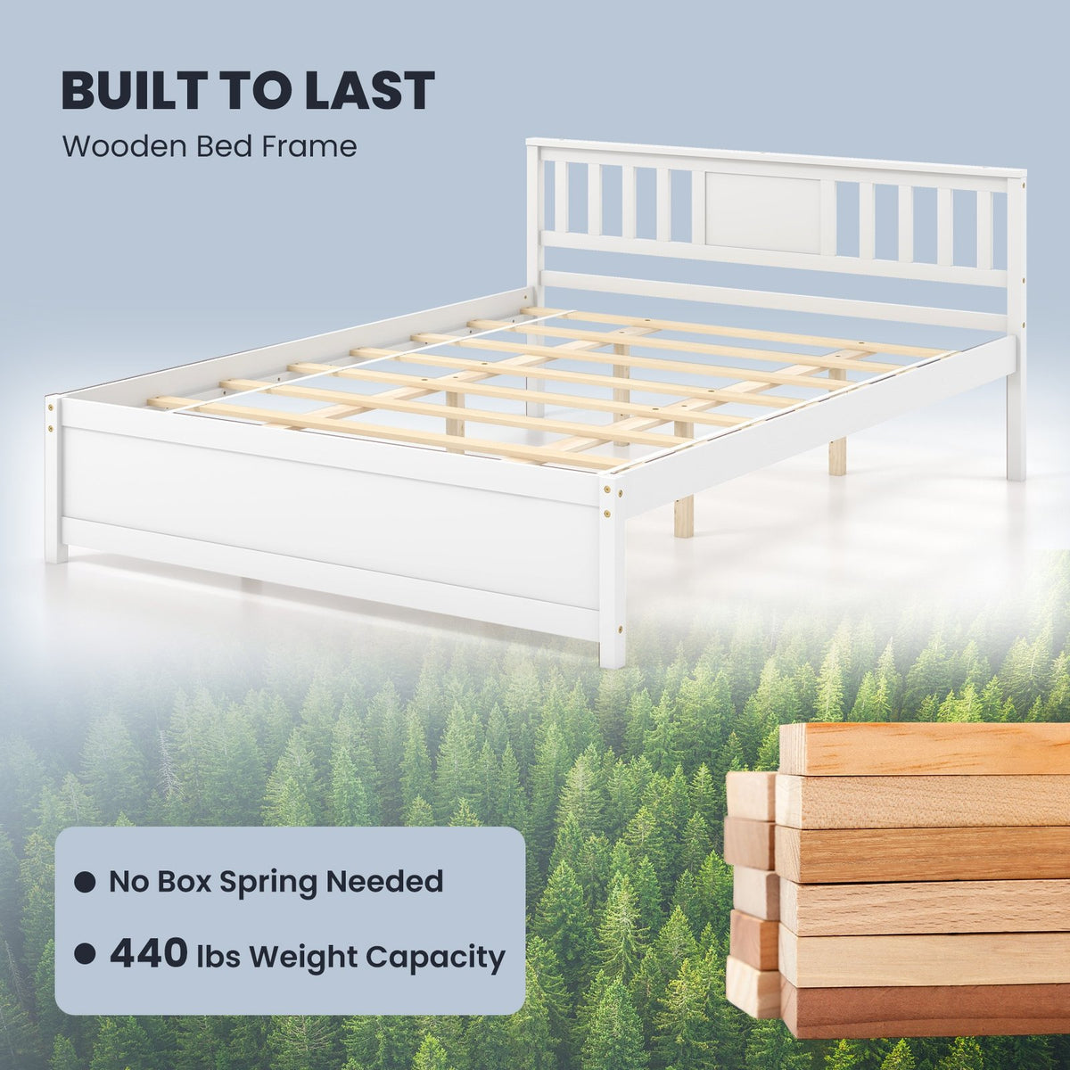 Wooden Platform Bed with Headboard and Wood Slat Support White-Queen Size view 7
