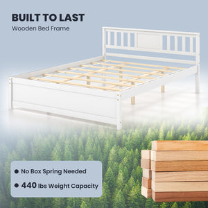 Wooden Platform Bed with Headboard and Wood Slat Support White-Queen Size view 7