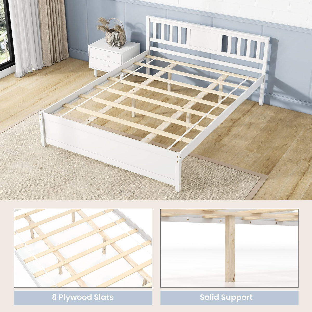 Wooden Platform Bed with Headboard and Wood Slat Support White-Queen Size view 9