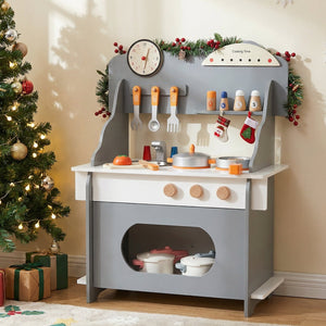 Wooden Play Kitchen for Kids Pretend Play Toy Kitchen Set with Clock Gift for Boys and Girls 3 +-Gray view 2