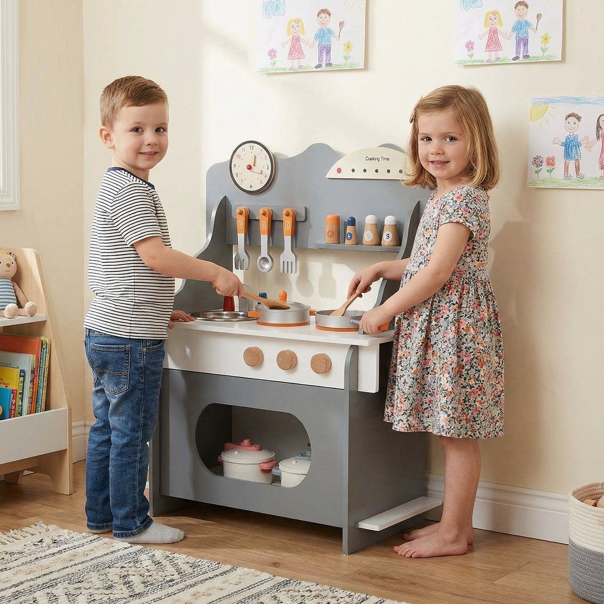 Wooden Play Kitchen for Kids Pretend Play Toy Kitchen Set with Clock Gift for Boys and Girls 3 +-Gray view 3