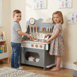 Wooden Play Kitchen for Kids Pretend Play Toy Kitchen Set with Clock Gift for Boys and Girls 3 +-Gray view 3