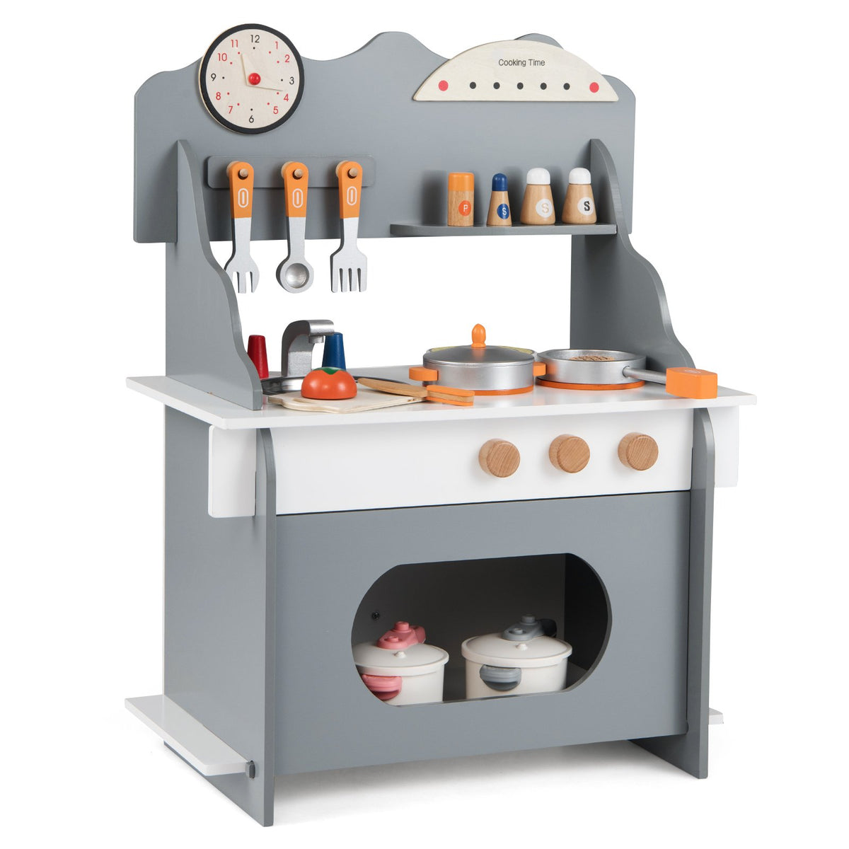 Wooden Play Kitchen for Kids Pretend Play Toy Kitchen Set with Clock Gift for Boys and Girls 3 +-Gray view 4