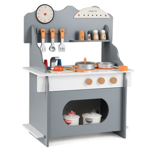 Wooden Play Kitchen for Kids Pretend Play Toy Kitchen Set with Clock Gift for Boys and Girls 3 +-Gray view 4