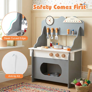 Wooden Play Kitchen for Kids Pretend Play Toy Kitchen Set with Clock Gift for Boys and Girls 3 +-Gray view 8