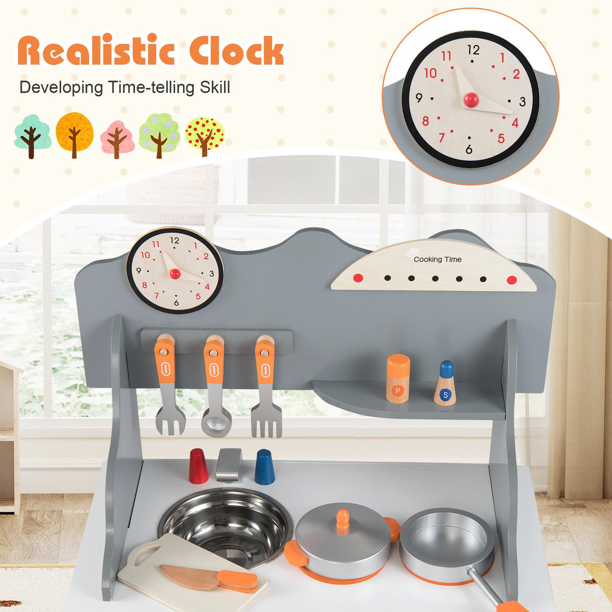 Wooden Play Kitchen for Kids Pretend Play Toy Kitchen Set with Clock Gift for Boys and Girls 3 +-Gray view 9