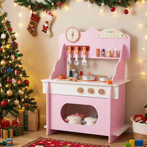 Wooden Play Kitchen for Kids Pretend Play Toy Kitchen Set with Clock Gift for Boys and Girls 3 +Pink view 2