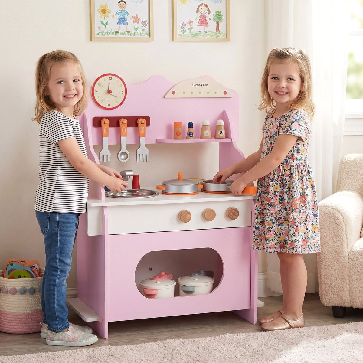 Wooden Play Kitchen for Kids Pretend Play Toy Kitchen Set with Clock Gift for Boys and Girls 3 +Pink view 3