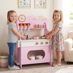 Wooden Play Kitchen for Kids Pretend Play Toy Kitchen Set with Clock Gift for Boys and Girls 3 +Pink view 3