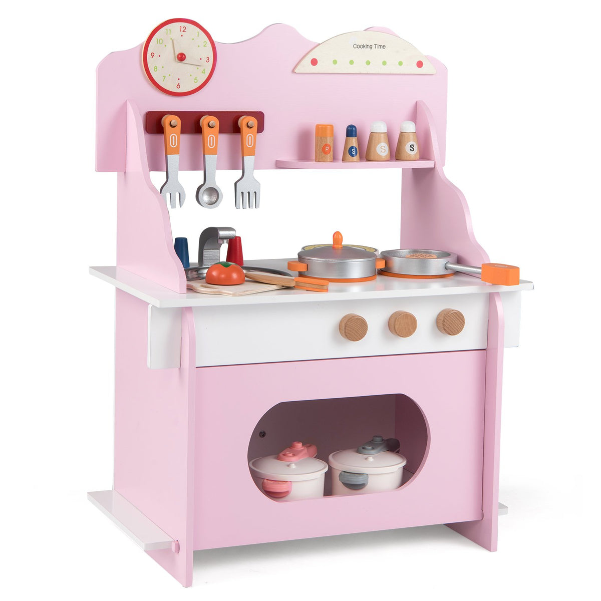 Wooden Play Kitchen for Kids Pretend Play Toy Kitchen Set with Clock Gift for Boys and Girls 3 +Pink view 4