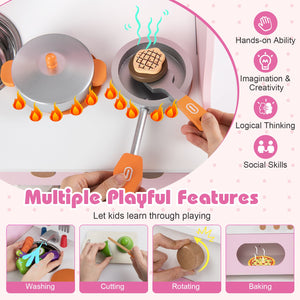 Wooden Play Kitchen for Kids Pretend Play Toy Kitchen Set with Clock Gift for Boys and Girls 3 +Pink view 6