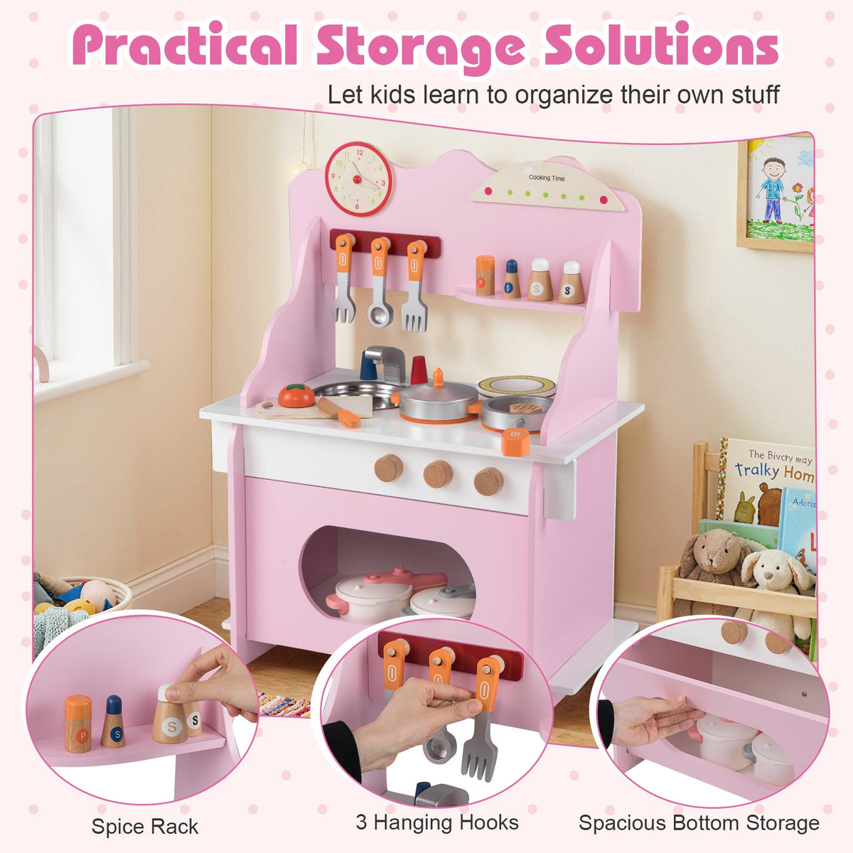 Wooden Play Kitchen for Kids Pretend Play Toy Kitchen Set with Clock Gift for Boys and Girls 3 +Pink view 7