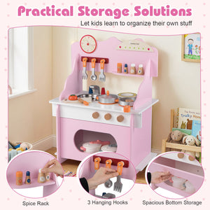 Wooden Play Kitchen for Kids Pretend Play Toy Kitchen Set with Clock Gift for Boys and Girls 3 +Pink view 7