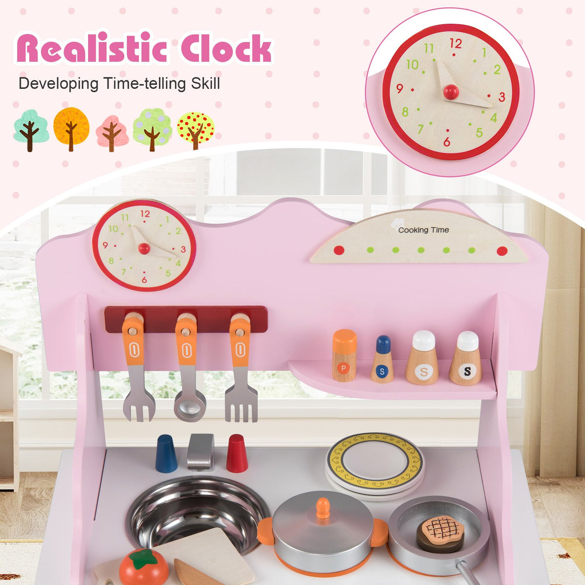 Wooden Play Kitchen for Kids Pretend Play Toy Kitchen Set with Clock Gift for Boys and Girls 3 +Pink view 9