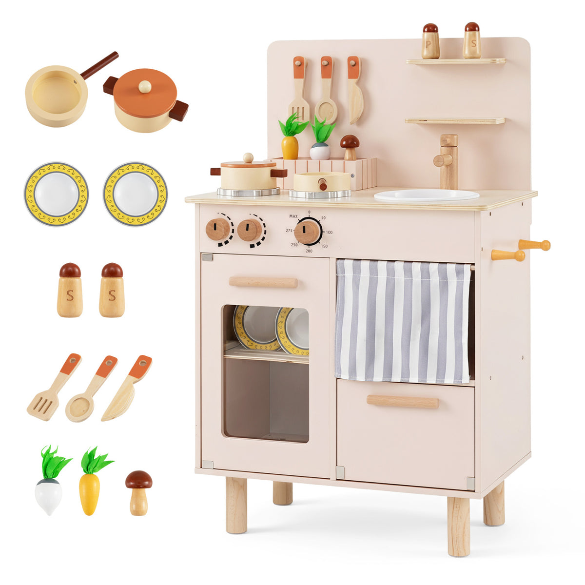 Wooden Play Kitchen for Kids Toddler Kitchen Playset with Stoves Faucet Sink-Beige view 2