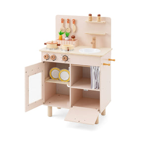 Wooden Play Kitchen for Kids Toddler Kitchen Playset with Stoves Faucet Sink-Beige view 3