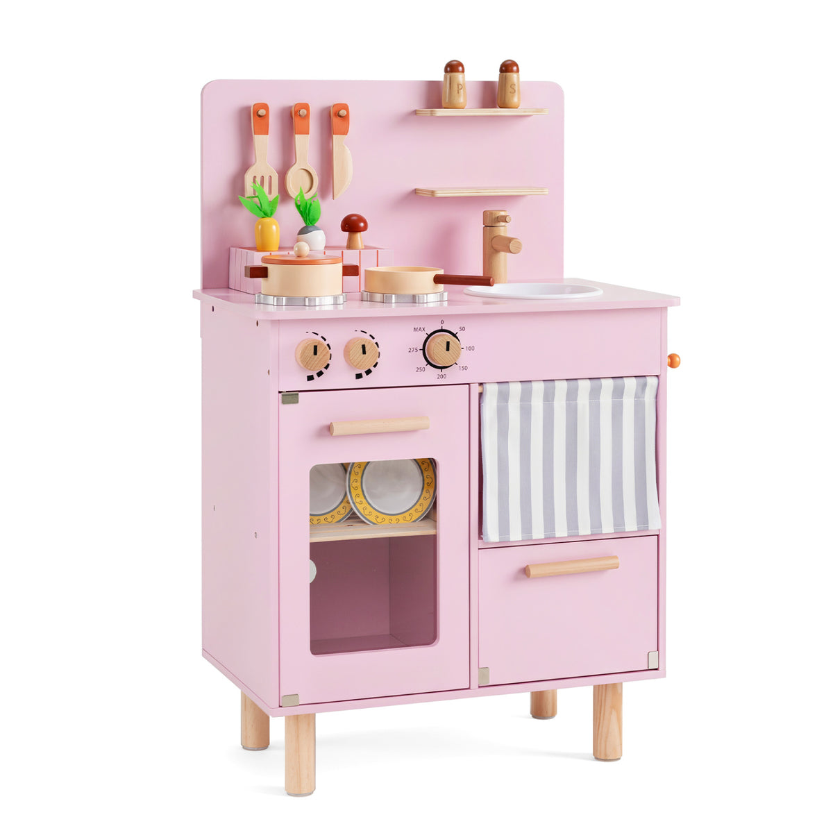 Wooden Play Kitchen for Kids Toddler Kitchen Playset with Stoves Faucet Sink-Pink