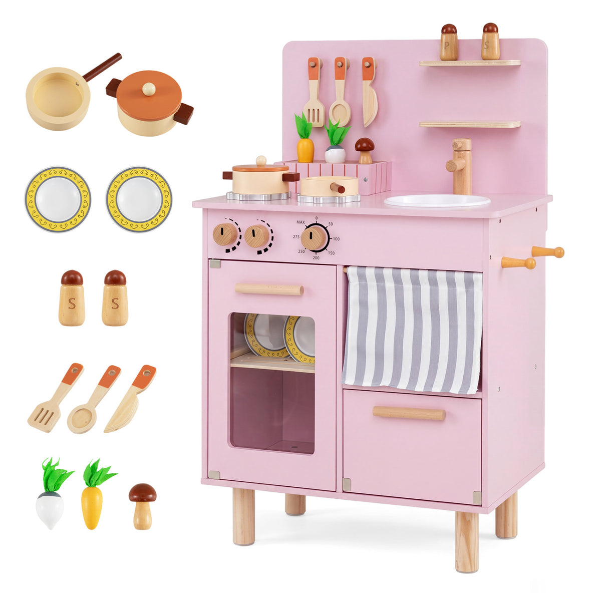 Wooden Play Kitchen for Kids Toddler Kitchen Playset with Stoves Faucet Sink-Pink view 2