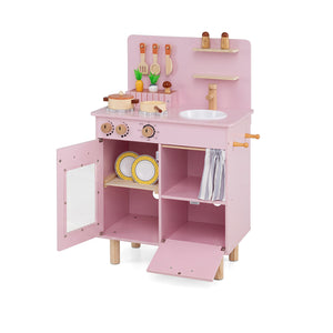 Wooden Play Kitchen for Kids Toddler Kitchen Playset with Stoves Faucet Sink-Pink view 3
