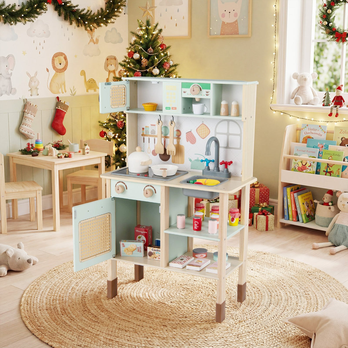 Wooden Play Kitchen for Kids with Lights and Sounds Retro Style With Accessories-Green view 2