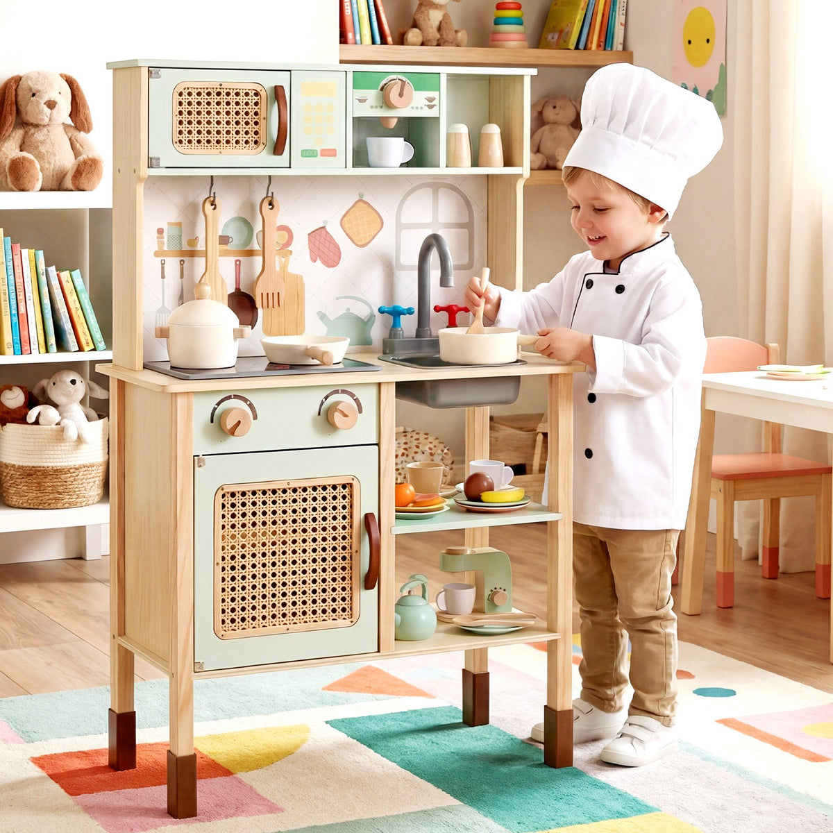 Wooden Play Kitchen for Kids with Lights and Sounds Retro Style With Accessories-Green view 3