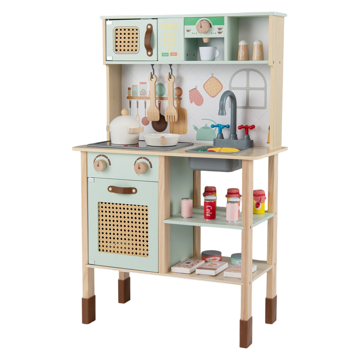 Wooden Play Kitchen for Kids with Lights and Sounds Retro Style With Accessories-Green view 4