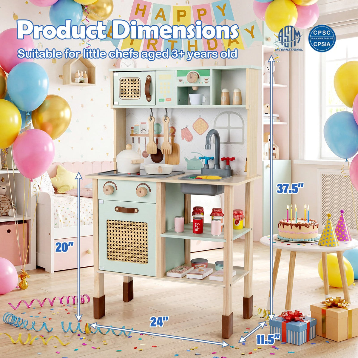 Wooden Play Kitchen for Kids with Lights and Sounds Retro Style With Accessories-Green view 5