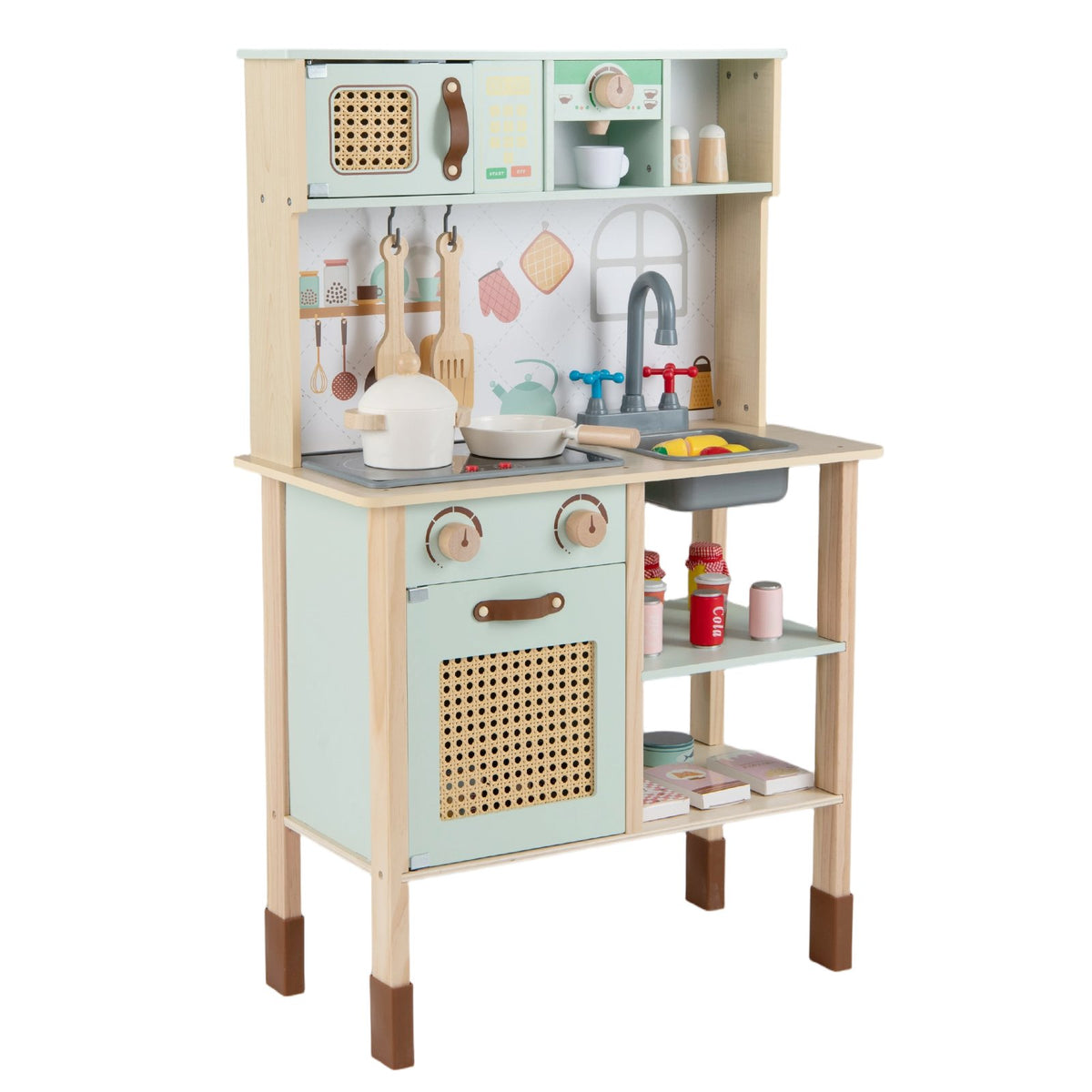 Wooden Play Kitchen for Kids with Lights and Sounds Retro Style With Accessories-Green view 6