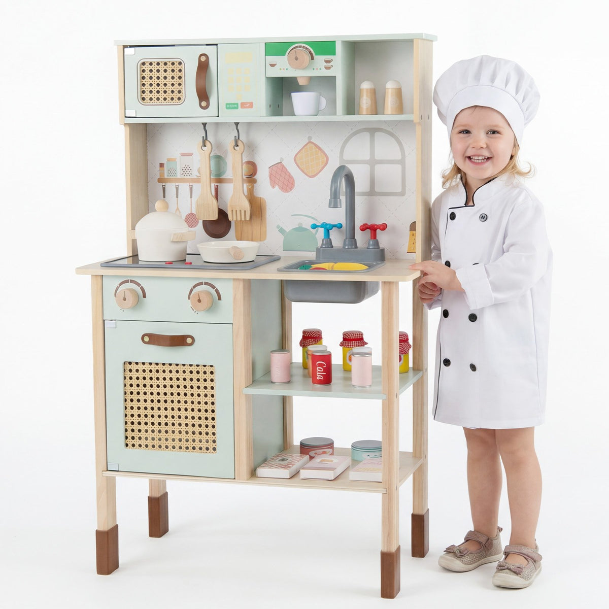 Wooden Play Kitchen for Kids with Lights and Sounds Retro Style With Accessories-Green view 7
