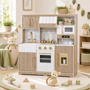 Wooden Play Kitchen with Lights & Sounds and Ice Maker Stove Sink for Toddlers-Natural view 2