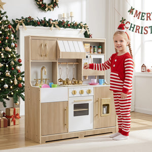 Wooden Play Kitchen with Lights & Sounds and Ice Maker Stove Sink for Toddlers-Natural view 3