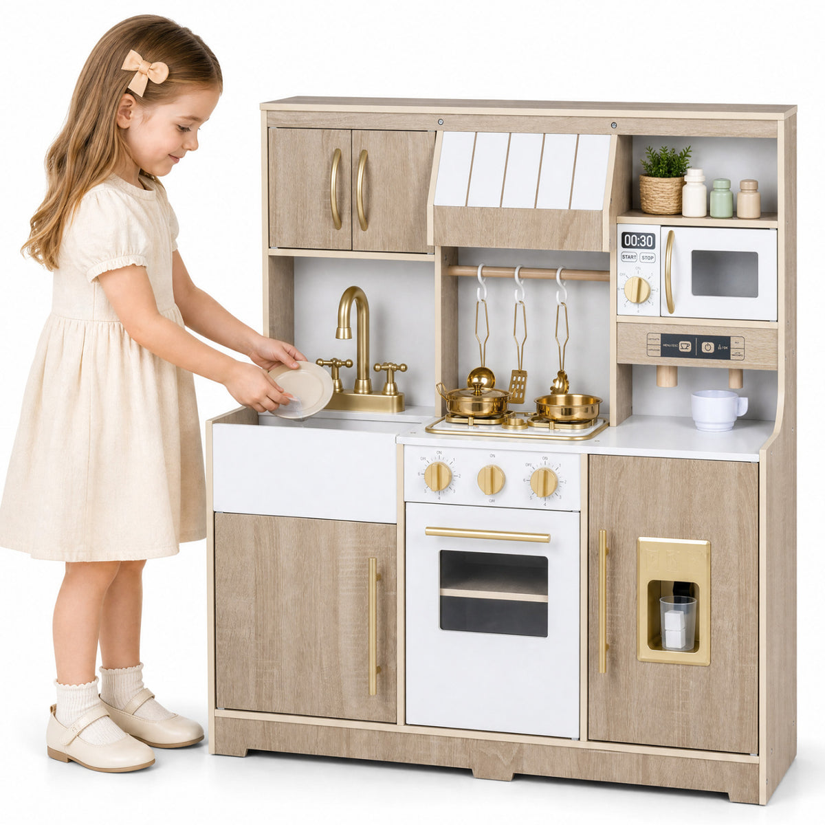 Wooden Play Kitchen with Lights & Sounds and Ice Maker Stove Sink for Toddlers-Natural view 4