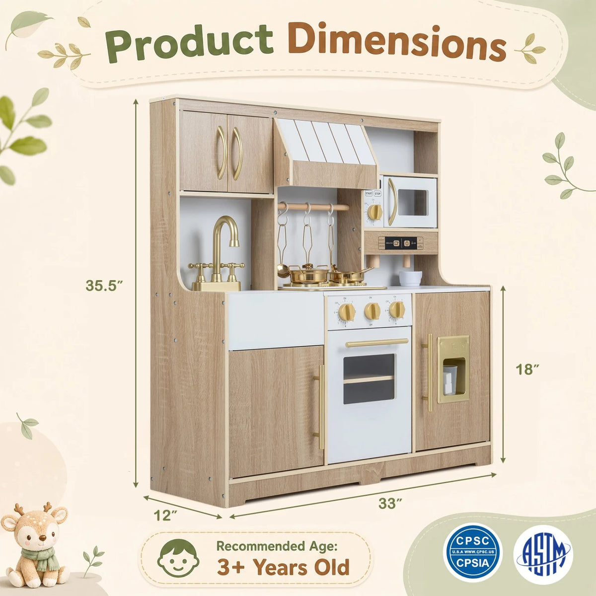 Wooden Play Kitchen with Lights & Sounds and Ice Maker Stove Sink for Toddlers-Natural view 5
