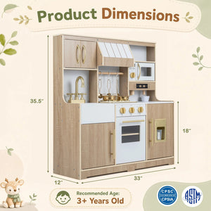 Wooden Play Kitchen with Lights & Sounds and Ice Maker Stove Sink for Toddlers-Natural view 5