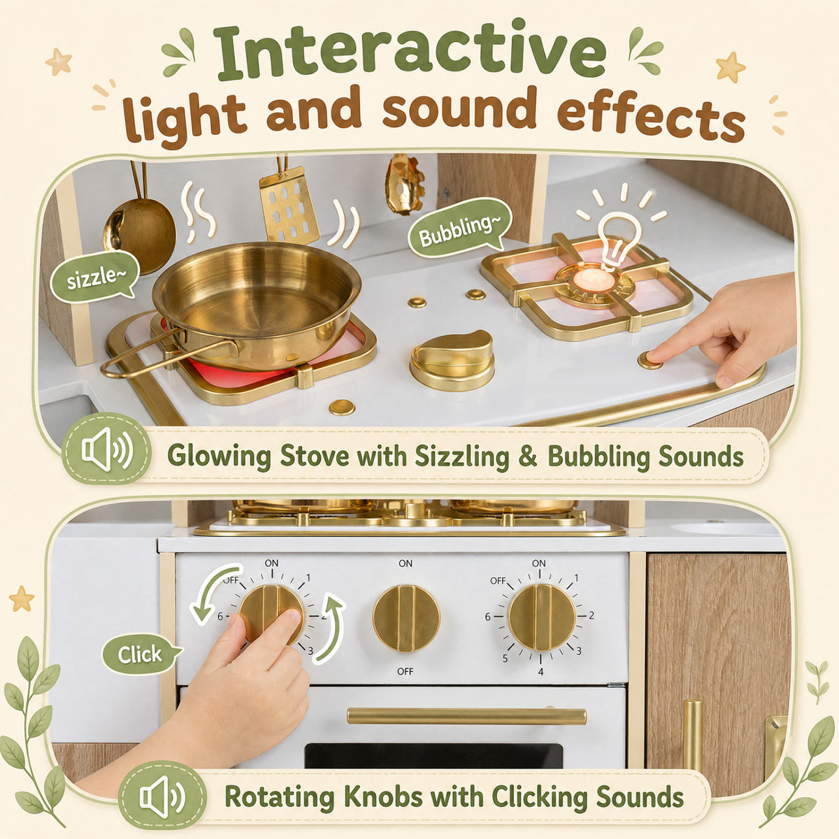 Wooden Play Kitchen with Lights & Sounds and Ice Maker Stove Sink for Toddlers-Natural view 6