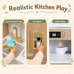 Wooden Play Kitchen with Lights & Sounds and Ice Maker Stove Sink for Toddlers-Natural view 7