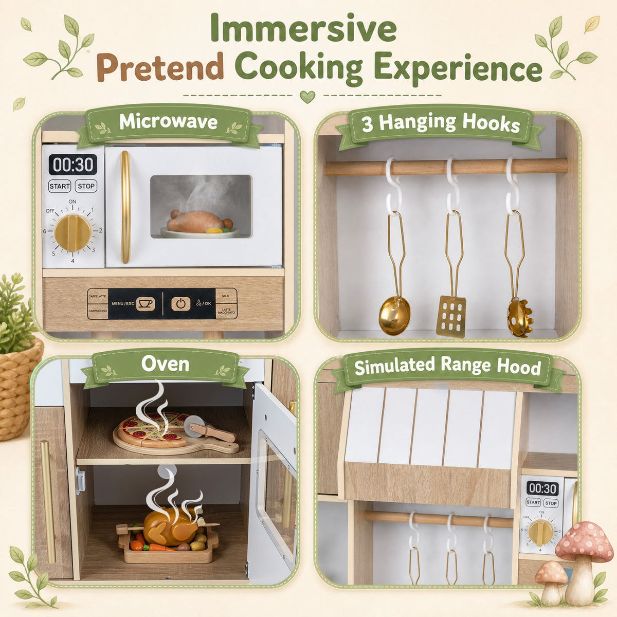 Wooden Play Kitchen with Lights & Sounds and Ice Maker Stove Sink for Toddlers-Natural view 8