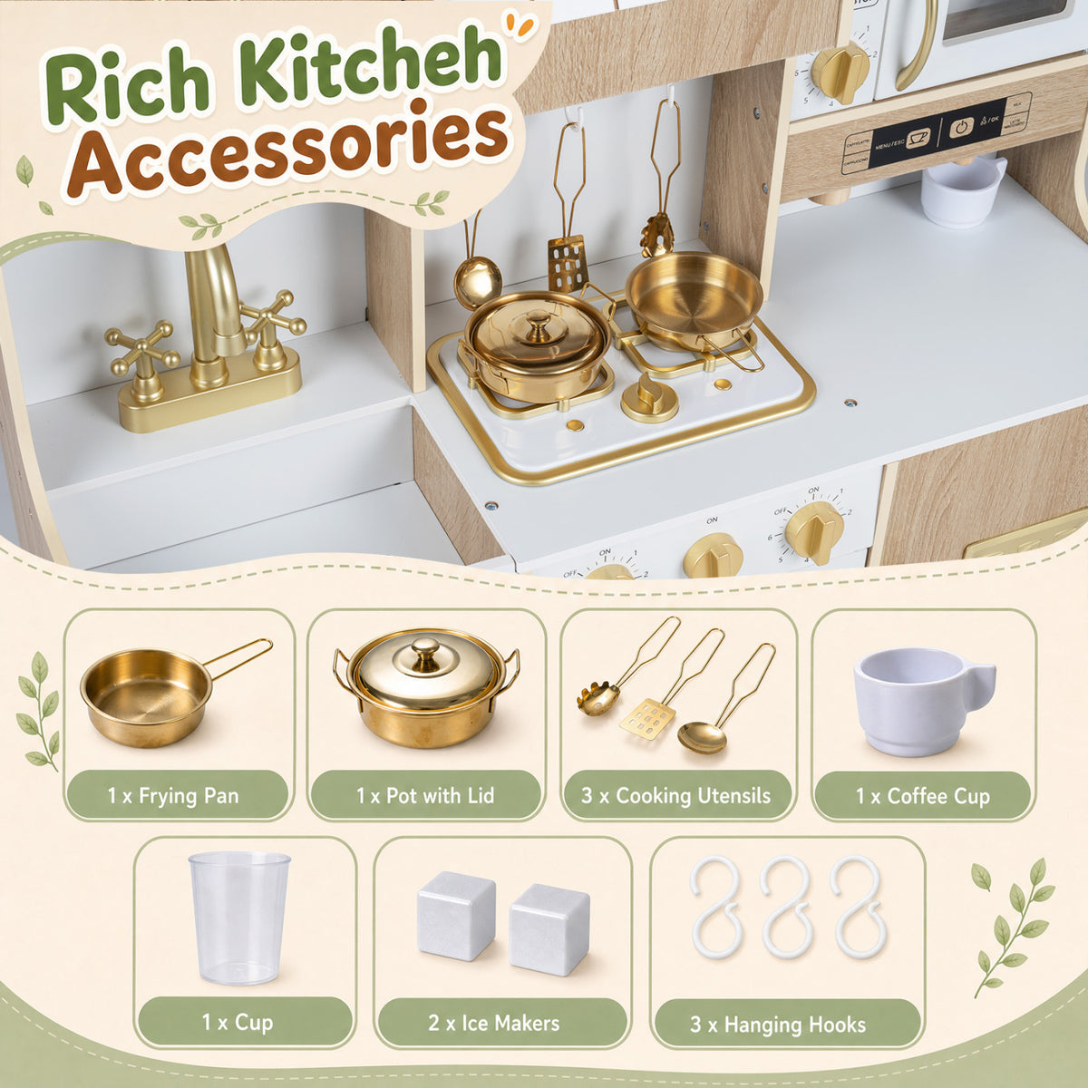 Wooden Play Kitchen with Lights & Sounds and Ice Maker Stove Sink for Toddlers-Natural view 9