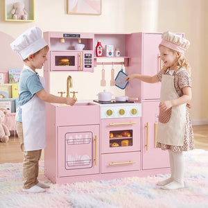 Wooden Play Kitchen with Lights & Sounds and Sink Stove Oven for Kids Ages 3+-Pink view 2