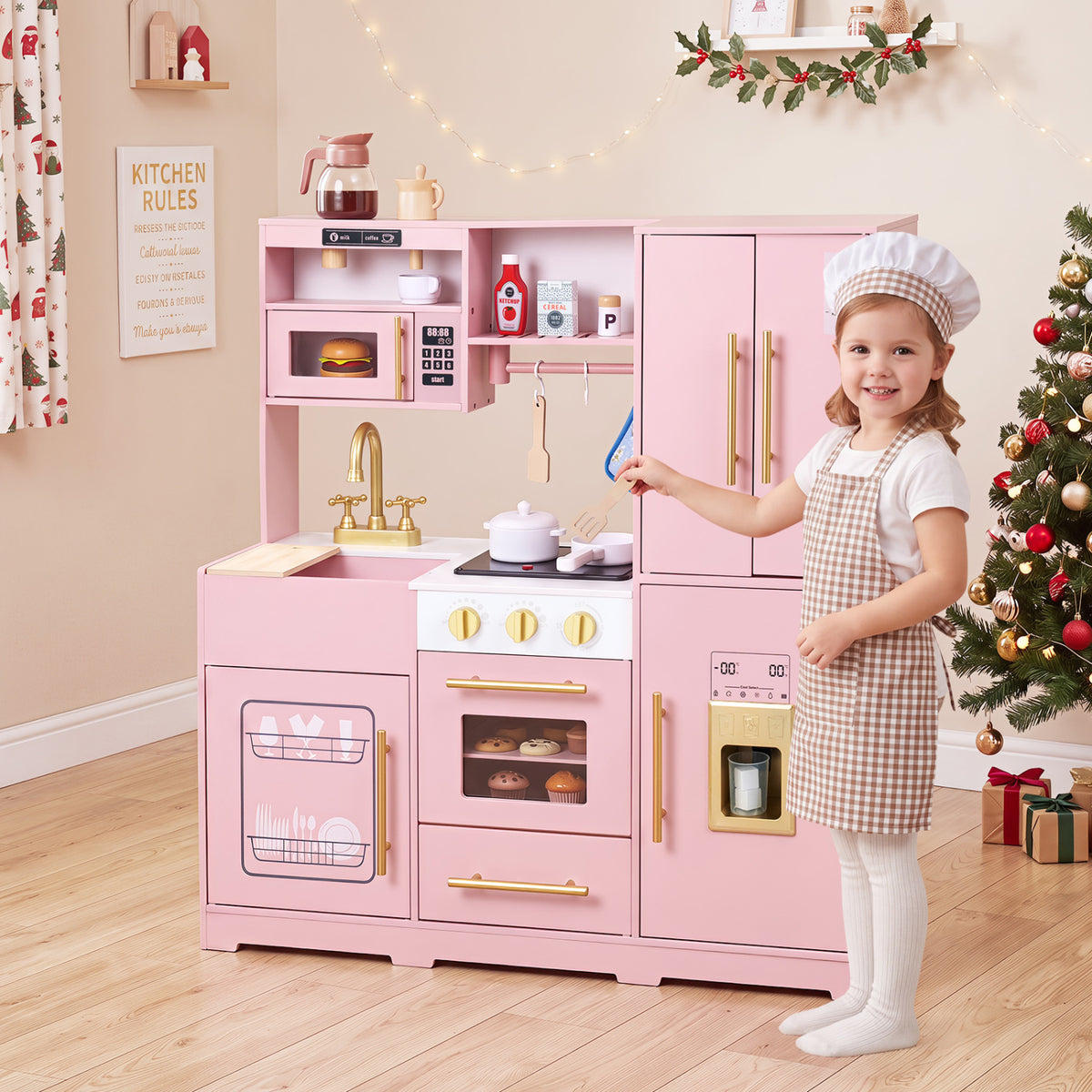 Wooden Play Kitchen with Lights & Sounds and Sink Stove Oven for Kids Ages 3+-Pink view 3