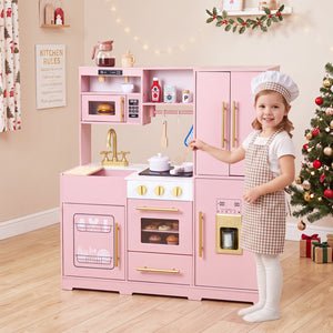 Wooden Play Kitchen with Lights & Sounds and Sink Stove Oven for Kids Ages 3+-Pink view 3
