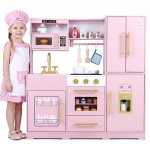 Wooden Play Kitchen with Lights & Sounds and Sink Stove Oven for Kids Ages 3+-Pink view 4