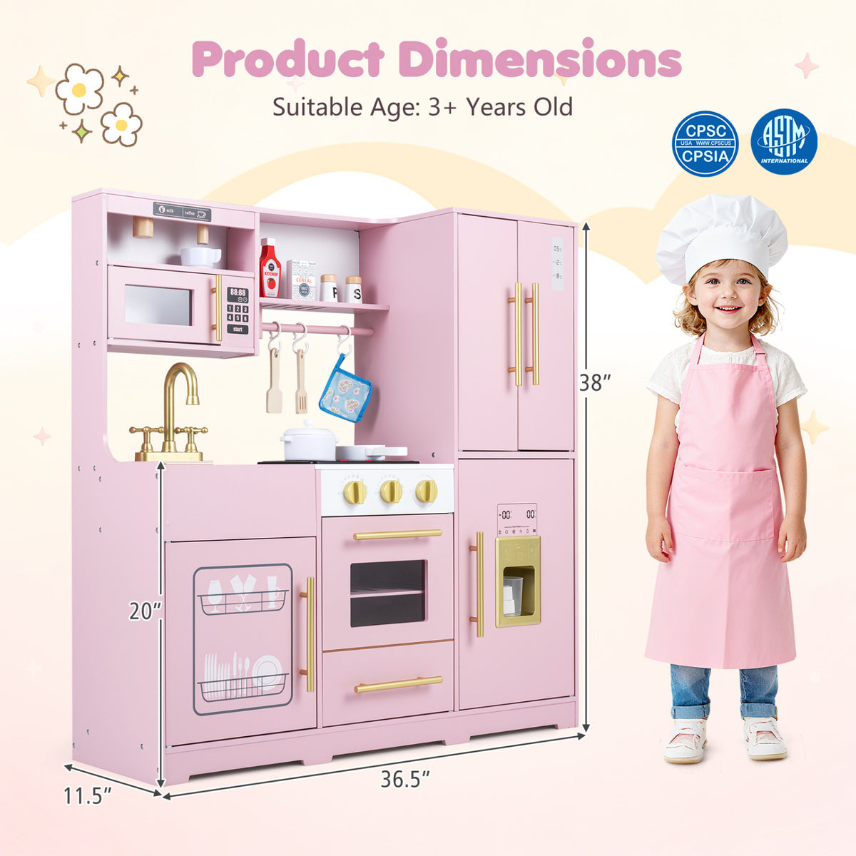 Wooden Play Kitchen with Lights & Sounds and Sink Stove Oven for Kids Ages 3+-Pink view 5