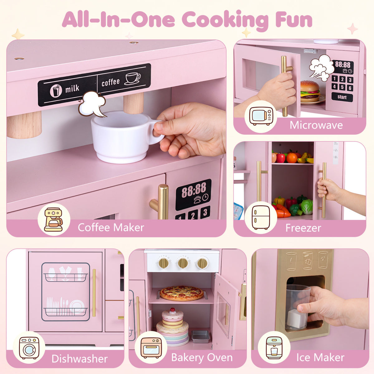 Wooden Play Kitchen with Lights & Sounds and Sink Stove Oven for Kids Ages 3+-Pink view 6